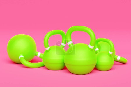 Foto de Entrenamiento de pesos verdes sobre fondo rosa aislado. Sombrillas, kettlebell.3D ilustración - Imagen libre de derechos