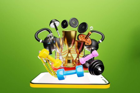 Foto de 3D illustration, sports cups on the background of kettlebells, dumbbells, an iron arm expander or resistance band, fitness rubber bands and other sports equipment. 3D visualization of the award for sports achievements - Imagen libre de derechos