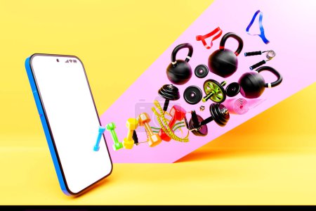Photo for 3D colorful illustration of a modern smartphone with a panel with sports equipment. the concept of online workouts, fitness training - Royalty Free Image