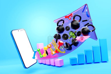 Photo for 3D colorful illustration of a modern smartphone with a panel with sports equipment. the concept of online workouts, fitness training - Royalty Free Image