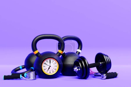 Photo for Training weights with clock  on purple  isolated background. Dumbbells, kettlebell. - Royalty Free Image