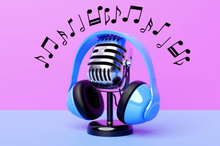 Photo for Silver  microphone with blue wireless headphones on pink background. 3d illustration - Royalty Free Image