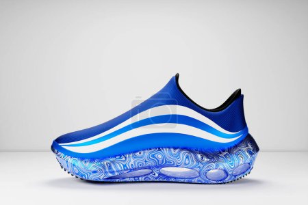 Téléchargez les photos : 3d illustration of blue- white sneakers with foam soles and closure on a  white background. Sneakers side view. Fashionable sneakers. - en image libre de droit