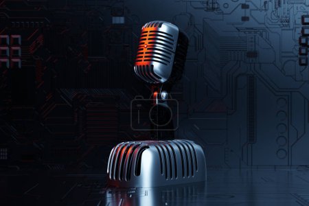 Photo for Silver microphone,   model on black background, realistic  3d illustration. music award, karaoke, radio and recording studio sound equipment - Royalty Free Image