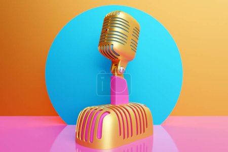 Photo for Colorful  metal retro microphone, classic metal microphone on a bright background, close-up view. Live show, music recording, entertainment concept. 3d illustration - Royalty Free Image