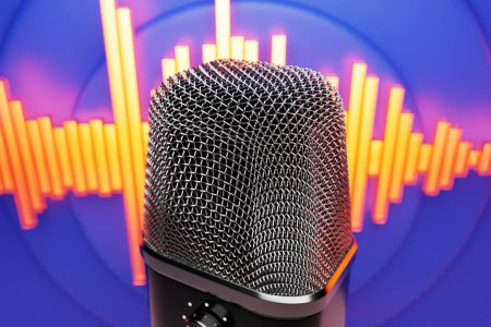 Photo for Silver microphone,   model against the background of equalizer lines, realistic  3d illustration. music award, karaoke, radio and recording studio sound equipment - Royalty Free Image