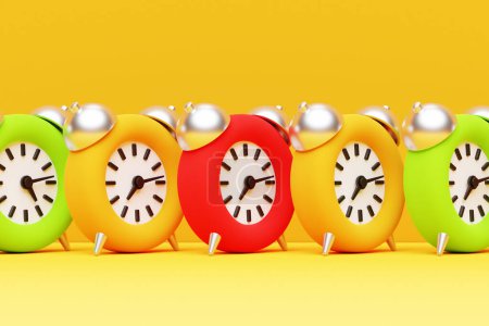 Téléchargez les photos : 3d illustration multicolored cartoon alarm clocks stand in a row to wake up on an isolated monochrome background - en image libre de droit