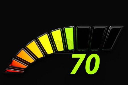 Téléchargez les photos : Illustration 3d icône du panneau de commande avec indicateur 70. Concept de risque normal sur le compteur de vitesse. Échelle de notation - en image libre de droit