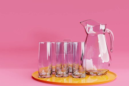 Téléchargez les photos : Ensemble de vaisselle vide, carafe avec verres sur fond rose isolé. concept de mode de vie sain - en image libre de droit