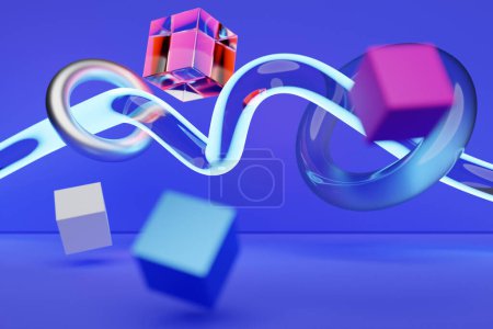 Photo for Close-up 3d blue   and pink illustration. Different cube and torus    flying - Royalty Free Image
