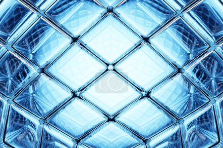 Téléchargez les photos : 3D illustration of a transparent blue glass  ball  with many faces, crystals scatter   on a dark  background under a white neon light.  Cyber ball shape - en image libre de droit