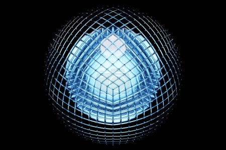 Foto de 3D illustration of a transparent blue glass  ball  with many faces, crystals scatter   on a dark  background under a white neon light.  Cyber ball shape - Imagen libre de derechos