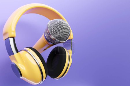 Foto de Micrófono, modelo de forma redonda y auriculares inalámbricos amarillos sobre fondo púrpura, ilustración 3D realista. Premio de música, karaoke, radio y equipo de sonido de estudio de grabación - Imagen libre de derechos
