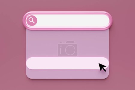 Téléchargez les photos : Cadre de recherche d'illustration 3D, boîte, panneau sur Internet avec une icône en verre grossissant, un grand champ blanc pour choisir parmi les options sur un fond rose - en image libre de droit
