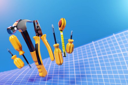 Téléchargez les photos : 3D illustration of a metal hammer with a yellow handle, screwdrivers, pliers, hand tools isolated on a blue background. 3D render and illustration of repair and installation tool - en image libre de droit