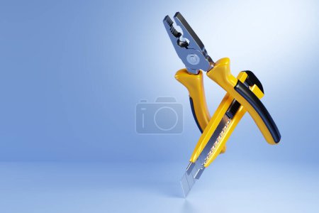 Foto de Ilustración 3D de un cortador y alicates en estilo de dibujos animados sobre un fondo azul. Herramienta de carpintería manual para el taller. - Imagen libre de derechos