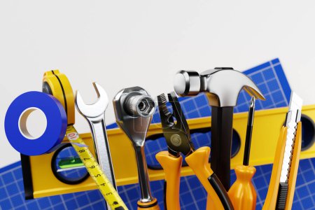 Foto de Varias herramientas de trabajo para la construcción, reparación. Destornillador, nivel, cinta eléctrica, martillo, cuchillo, tijeras, llave inglesa, etc. Ilustración 3D - Imagen libre de derechos