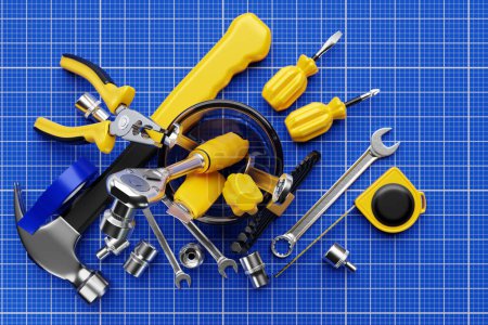 Foto de Various working tools for construction, repair. Screwdriver, level, electrical tape, hammer, knife, scissors, wrench, etc. 3D illustration - Imagen libre de derechos