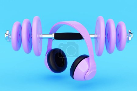 Photo for Purple classic wireless headphones  and dumbell  isolated 3d rendaring.  Headphone icon illustration. Sport equipment - Royalty Free Image