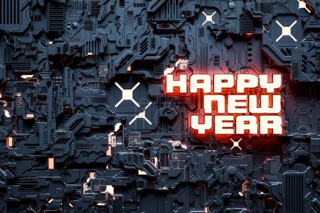 Foto de 3D illustration Abstract geometric tech pattern with  futuristic tech postcard with the happy new  year 2023. Grunge textured wallpaper. Geometric repeating background for a boy, sports textiles, clothes, wrapping paper. - Imagen libre de derechos
