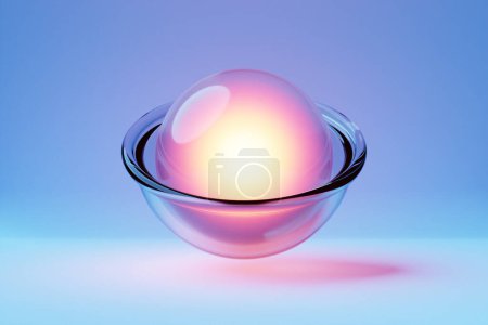 Téléchargez les photos : 3d illustration of orange glass glowing ball in a glass bell on a blue background - en image libre de droit