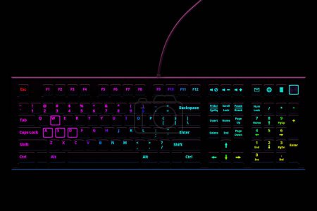 Foto de Computer RGB  keyboard  on black background. 3D rendering of streaming gear and gamer workspace concept - Imagen libre de derechos