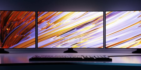 Photo for 3d illustration, Powerful personal computer gamer with three monitors. Cozy desktop for gamer, monitor with rgb keyboard with blue and neon backlight. - Royalty Free Image