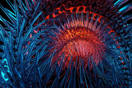 Foto de 3D rendering abstract   metal  round fractal, portal with spikes under neon  lights.  round spiral on dark  isolated background - Imagen libre de derechos