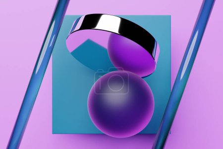Téléchargez les photos : 3d illustration of pink glass glowing ball  under mirror podium on a  blue  background - en image libre de droit