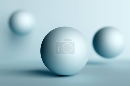 Téléchargez les photos : Rendu 3D. Balles gonflables blanches. Gros plan des billes géométriques volantes - en image libre de droit