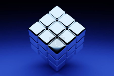 Photo for 3d illustration classic still life with a geometric volumetric figure of a cube with a shadow under blue neon color - Royalty Free Image