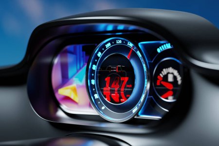 Foto de 3D illustration of new car interior details. The speedometer shows the maximum speed of 147 km h, the tachometer with red backlight, the gasoline is low, the navigator shows the way - Imagen libre de derechos