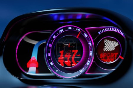 Téléchargez les photos : 3D illustration of the new car interior details. Speedometer shows a maximum speed of 147 km  h, tachometer with red backlight with icon seat belt fastening - en image libre de droit