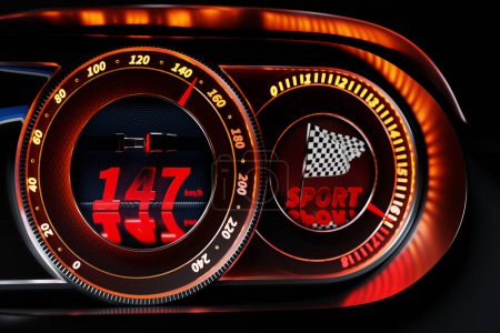 Téléchargez les photos : 3D illustration of the new car interior details. Speedometer shows a maximum speed of 147 km  h, tachometer with red backlight with icon seat belt fastening   in sport style - en image libre de droit