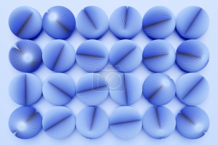 Téléchargez les photos : Illustration 3D de boules bleues en rangs pairs sur un fond monocrome. Modèle avec les mêmes perles. - en image libre de droit