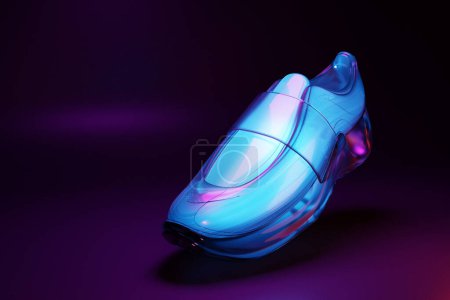 Téléchargez les photos : Illustration 3d sneaker massif lumineux avec des attaches dans des tons bleus sont représentés sur un fond monocrome. Une paire de nouvelles baskets de sport - en image libre de droit