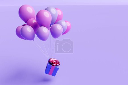 Téléchargez les photos : 3d illustration gift in a beautiful purple packaging box, a satin ribbon bow flies with the help of uplifting balloons on a purple background. Festive paraphernalia, gift set. - en image libre de droit