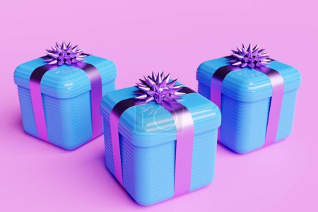 Téléchargez les photos : Illustration 3D de cadeaux dans une belle boîte d'emballage violet, un ruban de satin noeud sur un fond bleu. Caractéristiques des vacances, coffret cadeau - en image libre de droit