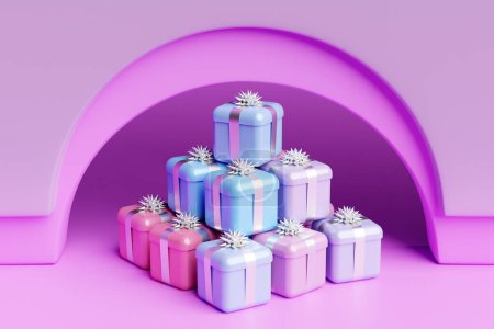 Téléchargez les photos : 3d illustration, Realistic gift boxes in the form of a slide. Open the gift box. Holiday banner, web poster, flyer, stylish brochure, greeting card, cover. - en image libre de droit