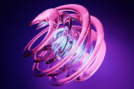 Foto de Forma de neón rosa dinámico abstracto con objetos lisos azules, lados. Ilustración y representación 3D. Fondo de línea elegante. - Imagen libre de derechos