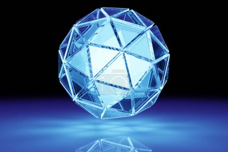 Téléchargez les photos : 3D illustration of a   blue lighting    ball  with many faces, crystals scatter on a background.  Cyber ball sphere - en image libre de droit