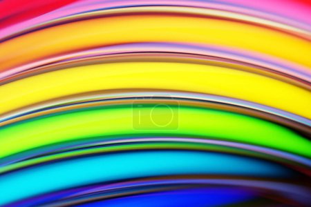 Téléchargez les photos : 3d illustration of a stereo strip of different colors. Geometric stripes similar to waves. Abstract rainbow   glowing crossing lines pattern - en image libre de droit