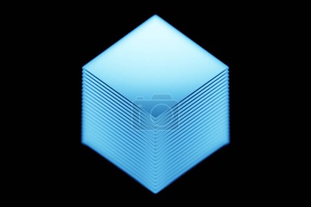 Téléchargez les photos : 3d illustration bleu éclairage cube volant sur fond noir isolé - en image libre de droit