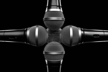 Téléchargez les photos : Microphones, round shape model on black background, realistic 3D mockup. music award, karaoke, radio and recording studio sound equipment - en image libre de droit