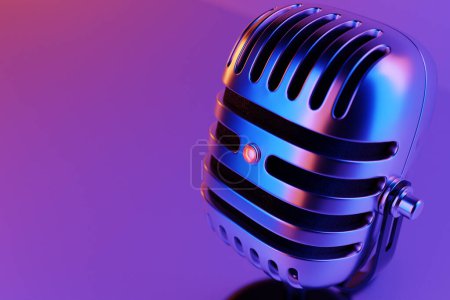 Foto de Microphone,   model on purple background, realistic  3d illustration. music award, karaoke, radio and recording studio sound equipment - Imagen libre de derechos