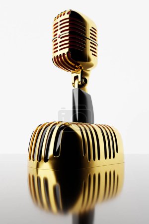 Foto de Golden microphone,   model on white background, realistic  3d illustration. music award, karaoke, radio and recording studio sound equipment - Imagen libre de derechos