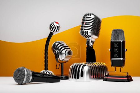 Téléchargez les photos : Un ensemble de microphones dans un fond réaliste, illustration 3D. Spectacle en direct, enregistrement musical, concept de divertissement. - en image libre de droit