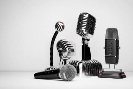 Photo for A set of microphones in a realistic background on a white isolated background, 3d illustration. Live show, music recording, entertainment concept. - Royalty Free Image