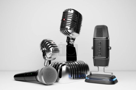 Foto de Un conjunto de micrófonos en un fondo realista sobre un fondo blanco aislado, ilustración 3d. Espectáculo en vivo, grabación de música, concepto de entretenimiento. - Imagen libre de derechos