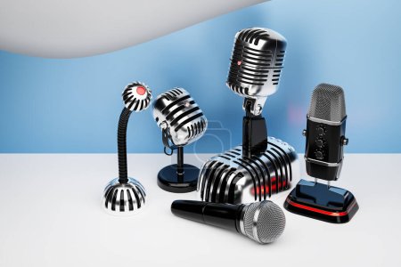 Téléchargez les photos : Un ensemble de microphones dans un fond réaliste, illustration 3D. Spectacle en direct, enregistrement musical, concept de divertissement. - en image libre de droit